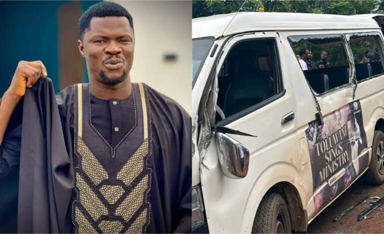 Singer Toluwanisings, crew members survive ghastly car accident 