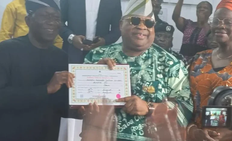 VIDEO: Adeleke sings, dances as he receives INEC certificate of return